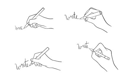 A line drawing of a hand writing the word "write" with different writing tools.のイラスト素材