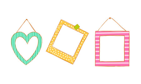 Three colorful hanging frames with a heart, square, and rectangle shapes.のイラスト素材
