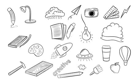This image features a set of black and white hand-drawn doodles depicting various creative and artistic objects.のイラスト素材