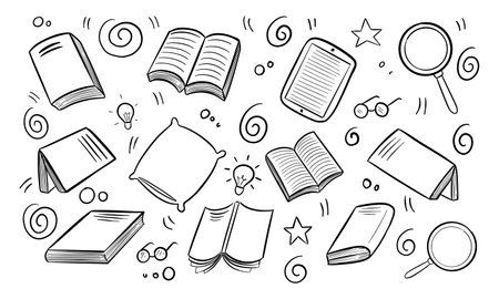 A black and white doodle drawing depicting various books, a tablet, and other reading-related objects.のイラスト素材
