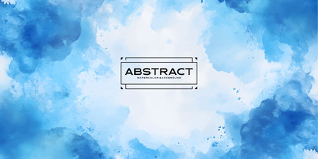 A digitally created abstract blue watercolor background with a text overlay that reads "ABSTRACT WATERCOLOR BACKGROUND."のイラスト素材