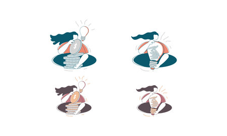 Four cartoon illustrations depicting women holding coins inside lightbulbs, representing the concept of turning ideas into money.のイラスト素材