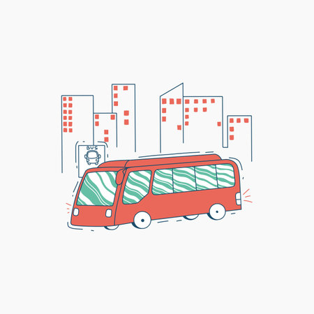 A cartoon illustration of a red bus driving past city buildings with a bus stop sign.のイラスト素材