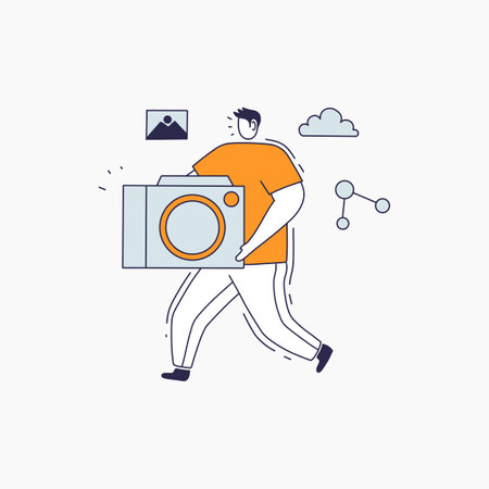A simple line illustration of a person walking and carrying a camera with a cloud, photo frame, and connection icon in the background.のイラスト素材