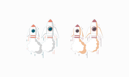 Illustration of two pairs of rockets launching upwards, leaving trails of smoke behind them.