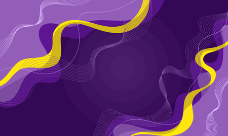 A purple background with yellow wavy lines and shapes creating an abstract and modern design.のイラスト素材