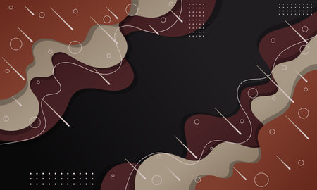 A minimalist abstract background featuring wavy lines, circles, and dots in shades of brown, beige, and white against a dark background.のイラスト素材