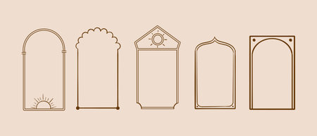The image shows a collection of five distinct arch-shaped frames, each with a unique decorative style and design.のイラスト素材