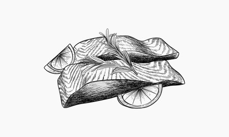 A hand-drawn illustration depicts a salmon fillet seasoned with rosemary and lemon slices.のイラスト素材