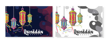 A vibrant design featuring colorful hanging lanterns and the words Ramadan Kareem, ideal for celebratory greetings.のイラスト素材