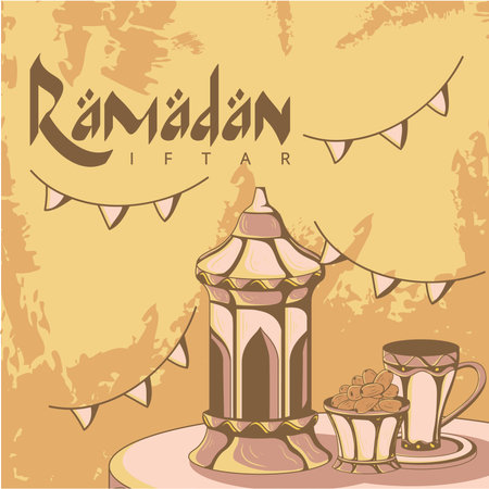 An illustration depicts Ramadan Iftar, featuring a decorative lantern, a bowl of dates, and a cup, symbolizing the celebratory meal.のイラスト素材