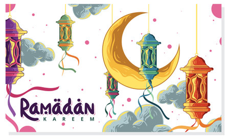A festive Ramadan Kareem illustration featuring colorful hanging lanterns, a crescent moon, and stylized clouds.のイラスト素材