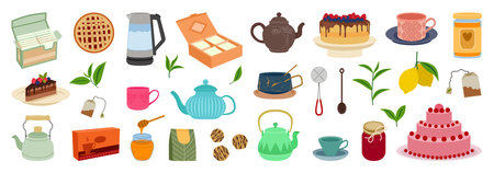 Tea time. Lovely girl holding mug of hot drink, sweet desserts, cookies and cakes on cute cozy dishes, ceramic cups and teapots, breakfast elements,cozy autumn mood tidy vector cartoon setのイラスト素材