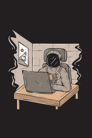 Astronaut Sitting At A Desk Working On His Laptop hand drawn illustration vectorのイラスト素材