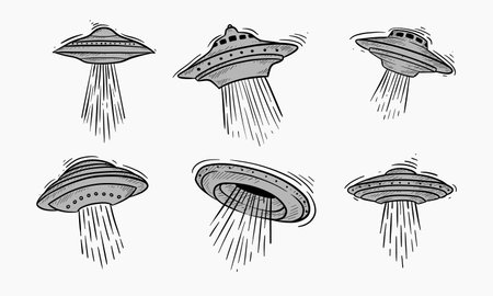Set of cartoon drawings of flying saucers with beams of light streaming downwards. UFOのイラスト素材