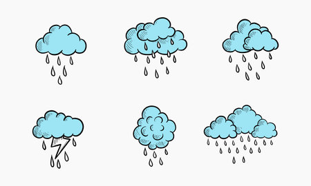 Set of hand-drawn cartoon clouds with varying weather conditions and precipitation patterns.のイラスト素材