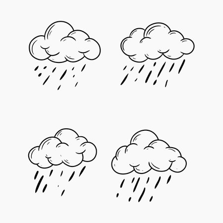 Set of simple illustration of four rain clouds with rain drops in a clean, minimalist style.のイラスト素材