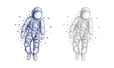 hand drawn sketch of an astronaut floating, with a blue and grey version of the figure.のイラスト素材