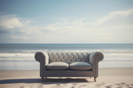 Luxury sofa on the beach with sea and sky background. generative aiの素材
