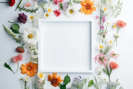 Flowers composition. Frame made of wildflowers on white background. Flat lay, top view, copy space generative aiの素材