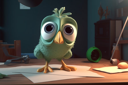Cute green owl sitting at the table in office. 3D renderingの素材