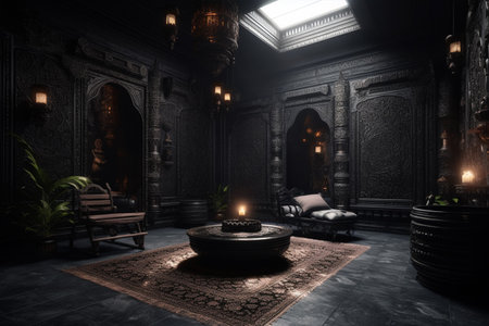 3D rendering of a fantasy room with a fireplace and a sofaの素材