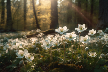 Beautiful white anemone flowers blooming in the forest.の素材