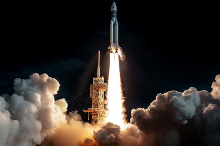 Rocket taking off into space. Mixed media. Mixed media. Mixed mediaの素材