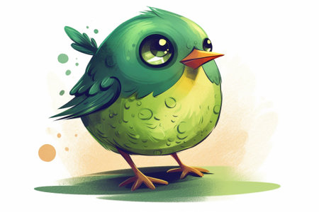 Illustration of a cute cartoon green bird on a white background.の素材