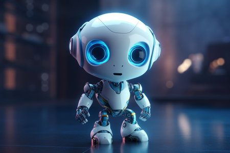 3d rendering of a robot with blue light in the dark backgroundの素材