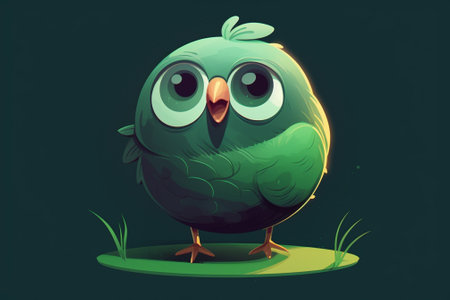 Cute cartoon green bird standing on the grass. Vector illustration.の素材