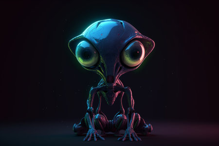 3d rendering of a little alien in a dark room with neon lightの素材