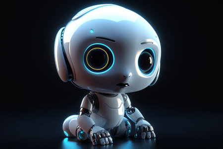 3d rendering of a cute robot with blue light on black backgroundの素材