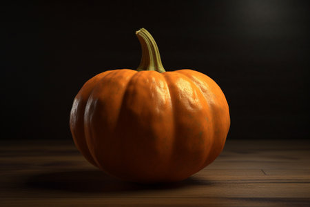 Orange pumpkin on a wooden table against a dark background, close-upの素材