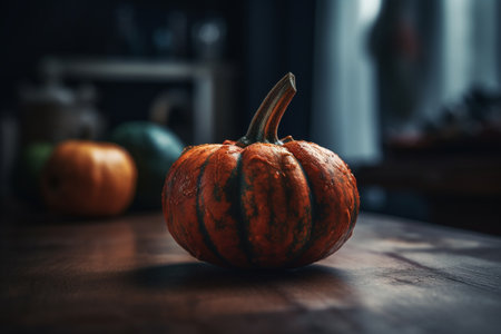 Pumpkin on the wooden table in the kitchen. Halloween conceptの素材