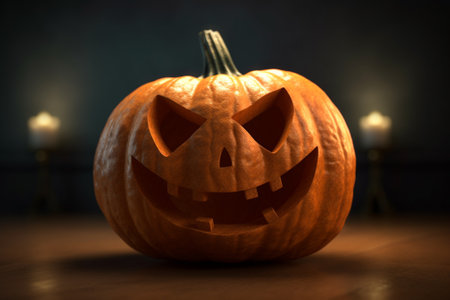 Halloween pumpkin with scary face on dark background, halloween conceptの素材