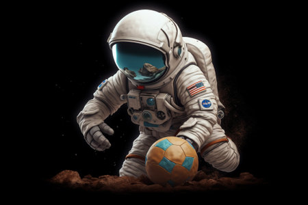 Astronaut in space with a soccer ball on a dark backgroundの素材