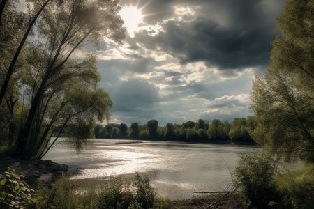 Landscape with a river and clouds in the sky. Toned.の素材