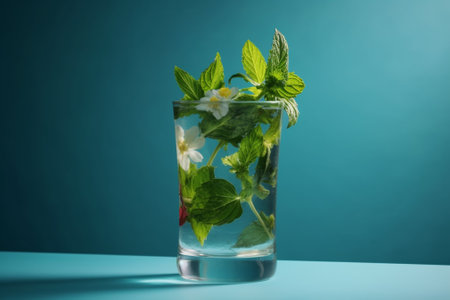 Jasmine in a glass with mint leaves on a blue backgroundの素材