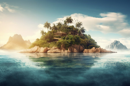 Tropical island with palm trees and bungalows at sunsetの素材