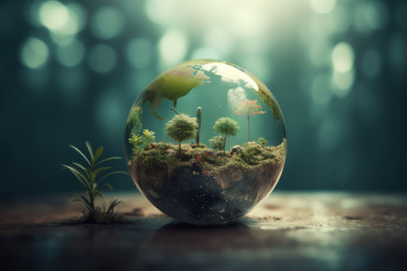 Ecology concept with tree in a glass sphere on wooden table.の素材