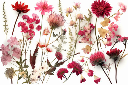 Dried flowers isolated on white background. Flat lay, top view.の素材