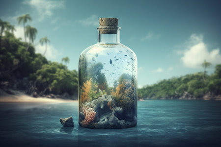 Glass bottle with sea life inside on the beach. 3d renderingの素材
