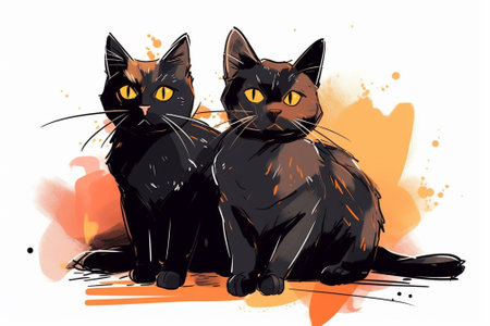 Two black cats sitting on a white background with watercolor splashesの素材