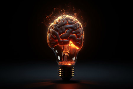 Human brain in lightbulb on dark background. 3D renderingの素材