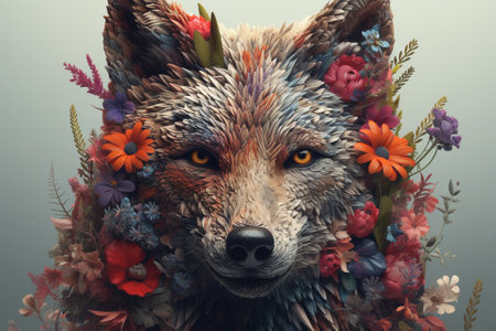 Portrait of a fox in a wreath of flowers on a dark backgroundの素材