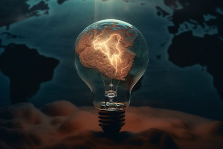 Lightbulb with burning earth inside. Global warming concept. 3D renderingの素材