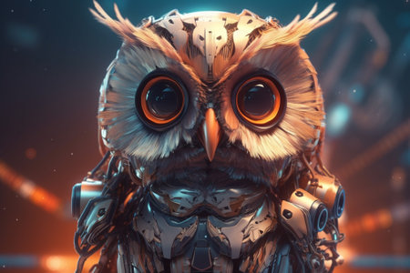 Owl with big eyes. 3D rendering. Futuristic illustration.の素材