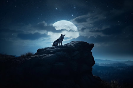 wolf howling at the moon in the night sky. 3d renderingの素材