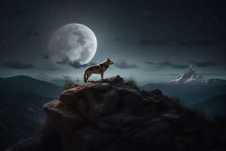 Wolf in the mountains at full moon night. 3d rendering.の素材